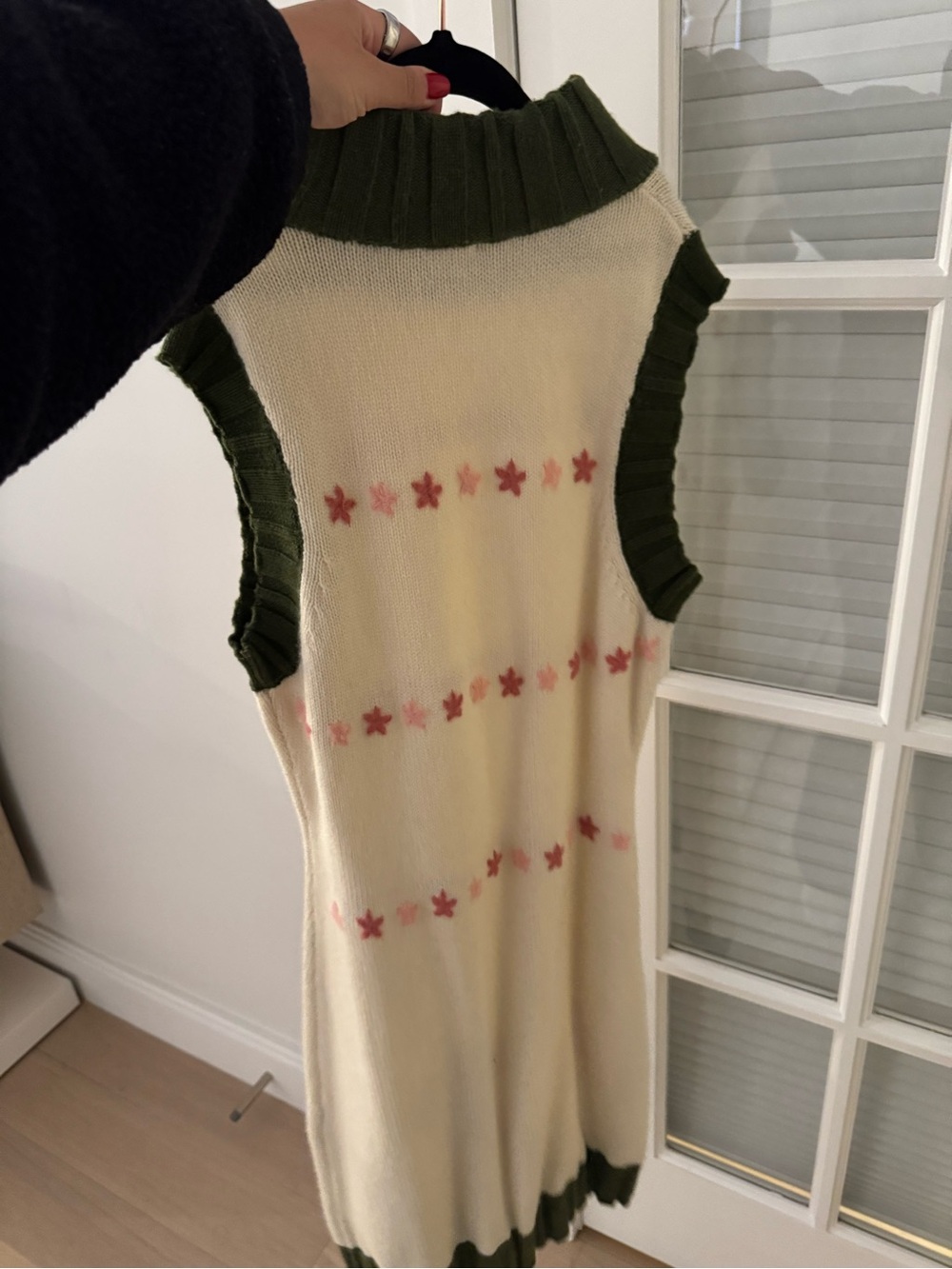 Cream Sleeveless Midi Dress with Olive Trim and Pink Star Details